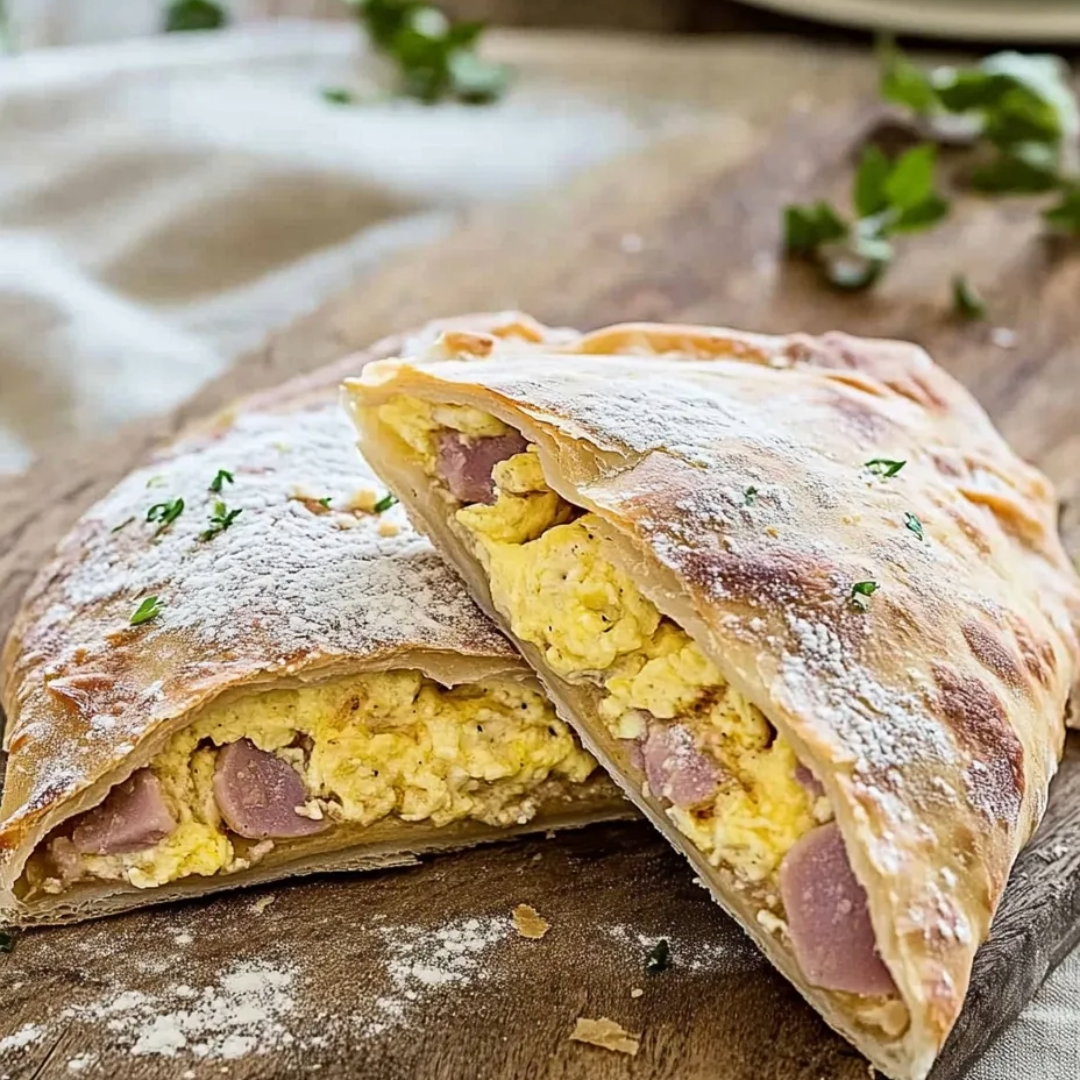 A delicious pastry with eggs and cheese on a wooden table.