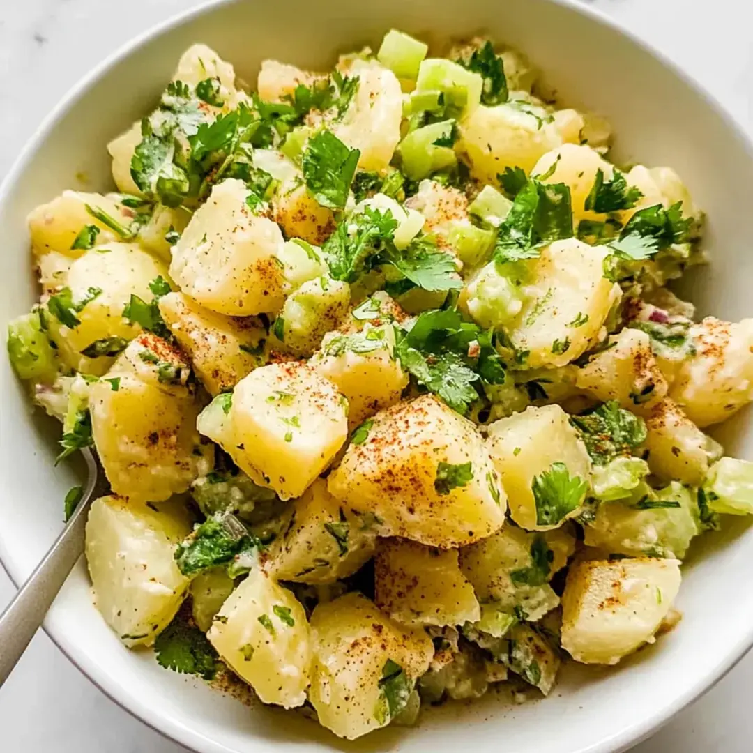A bowl of food with potatoes, greens, and spices.