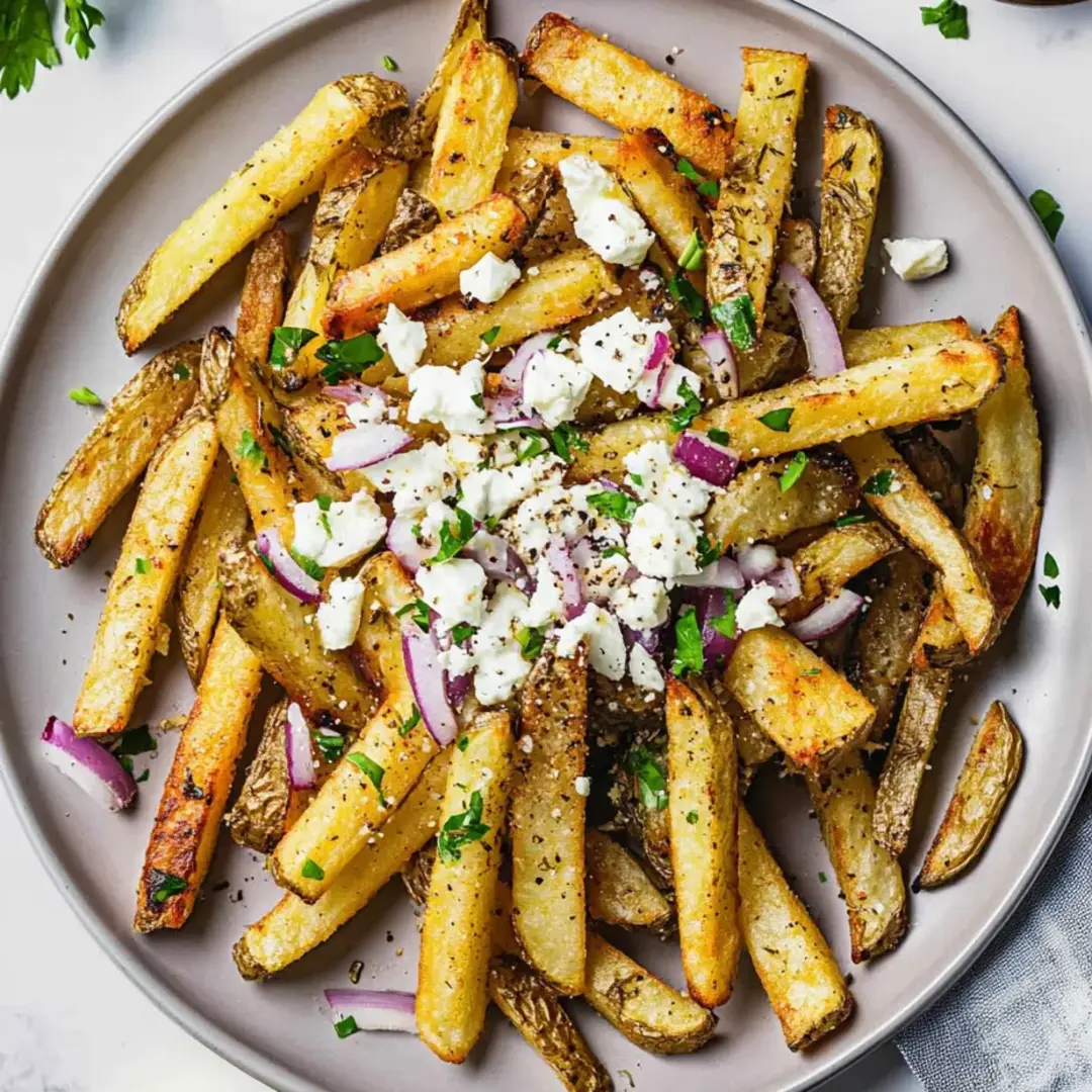 Une assiette de frites avec du fromage et des oignons.