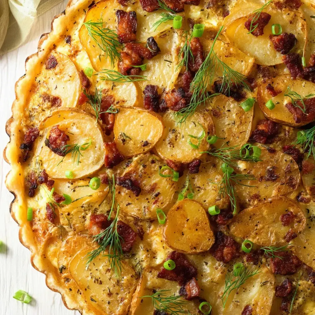 A close up of a pie with potatoes and bacon.