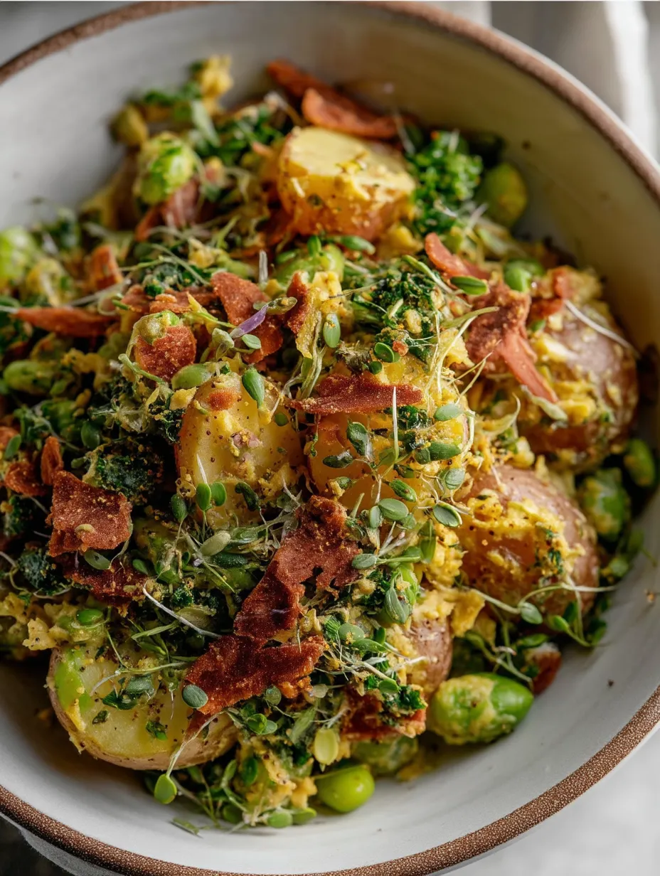Un bol de nourriture avec les mots "Salade de Pommes de Terre Écrasées au Citron et Poivre" écrit dessus.