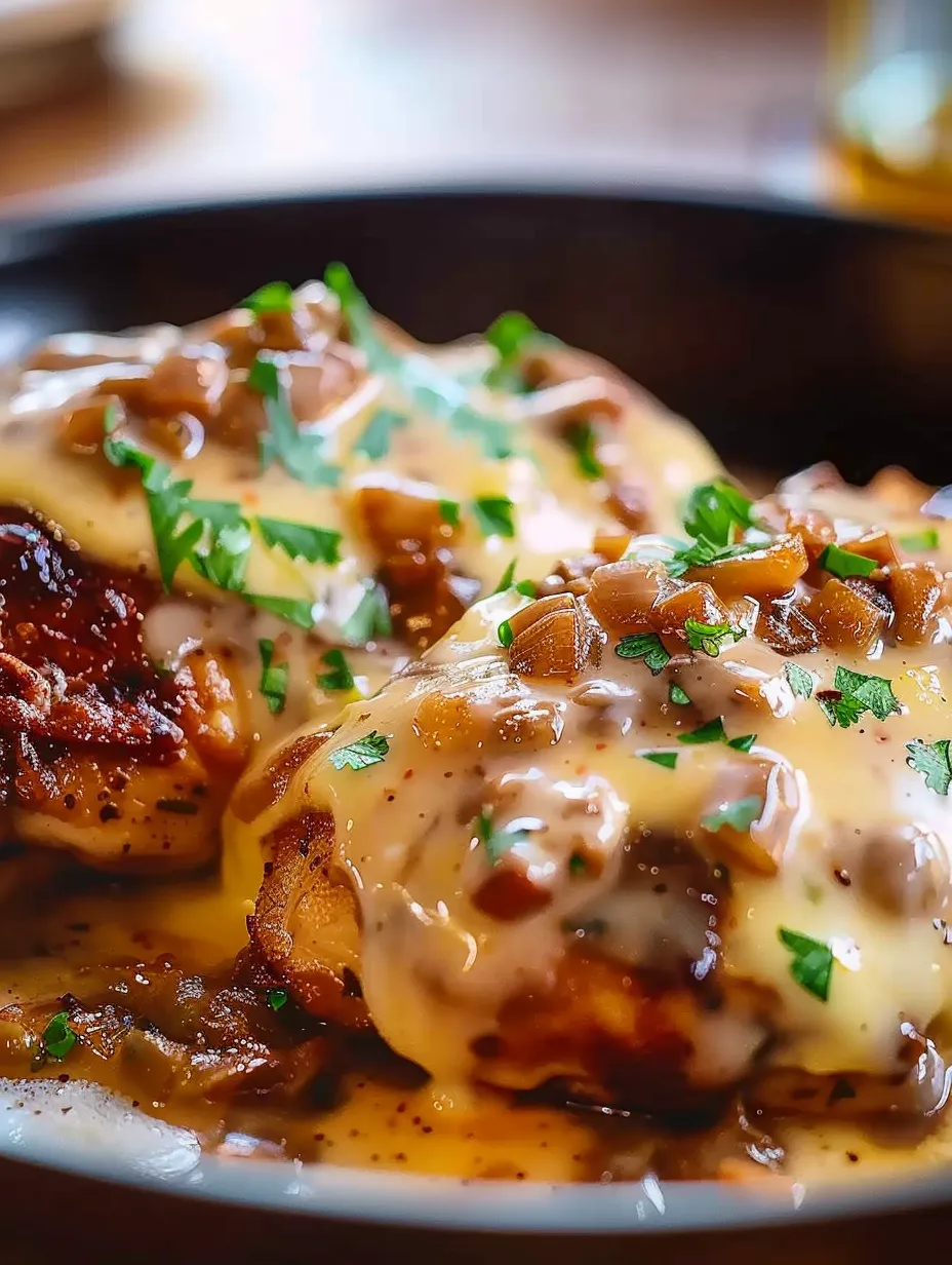 Une assiette de poulet nappé avec oignons et fromage.