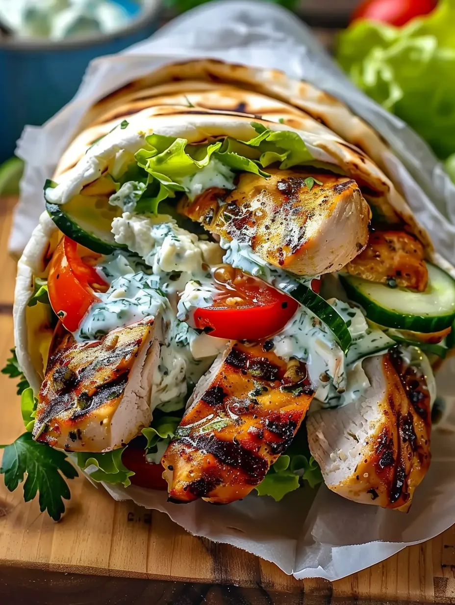 Un gyro avec poulet, tomates, concombres et feta.