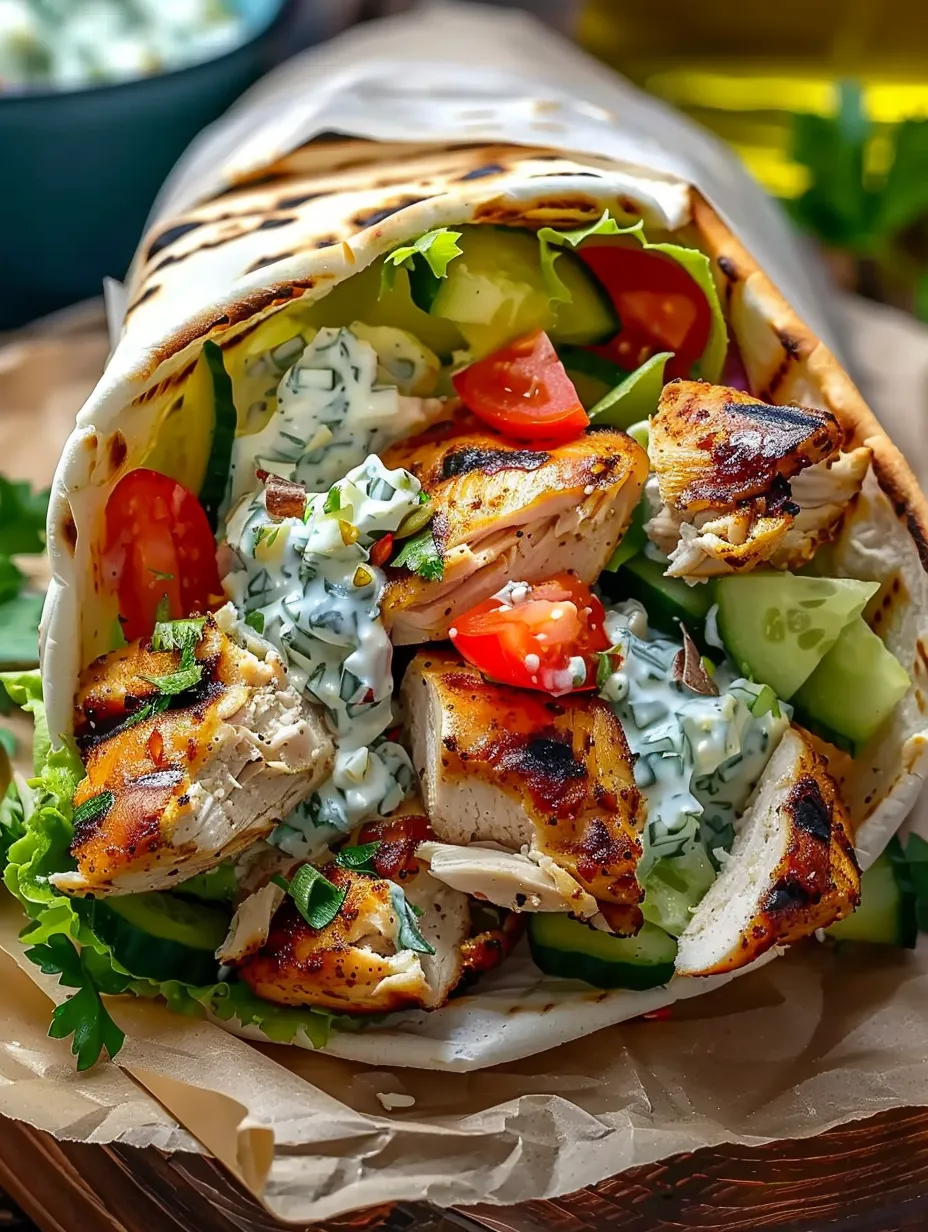 Un gyro avec poulet, tomates, concombres et fromage feta.