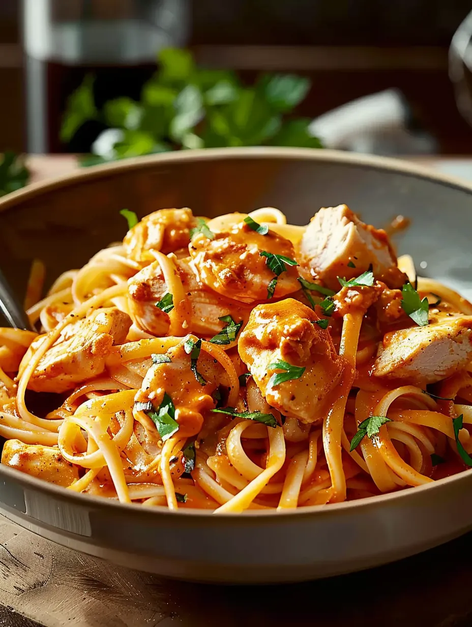 Un bol de pâtes avec poulet et sauce.