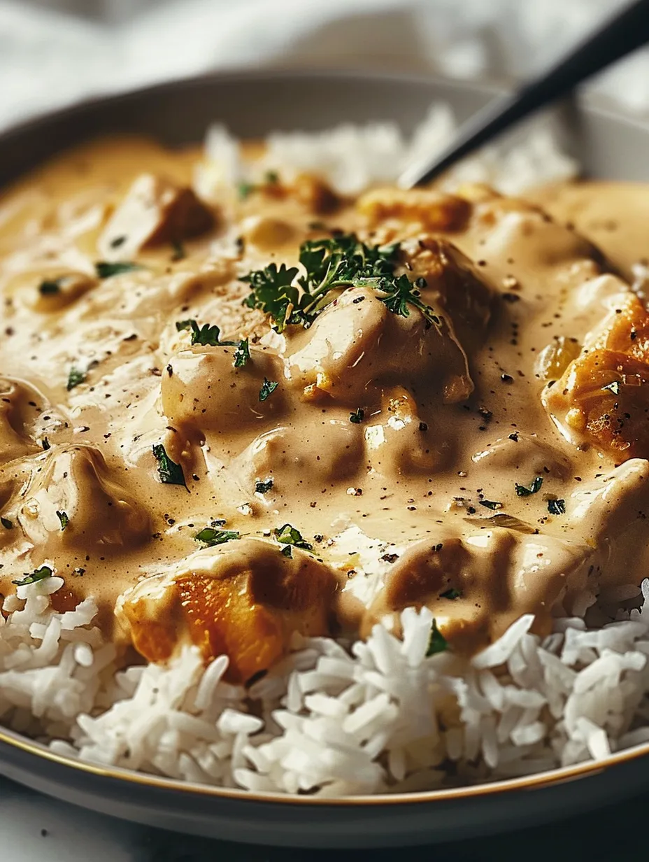 Un bol de poulet crémeux et riz.