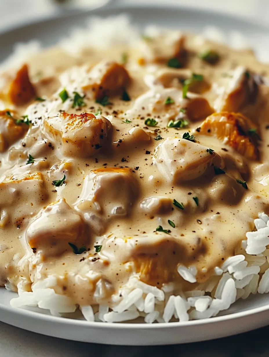 Une assiette de poulet crémeux et riz.
