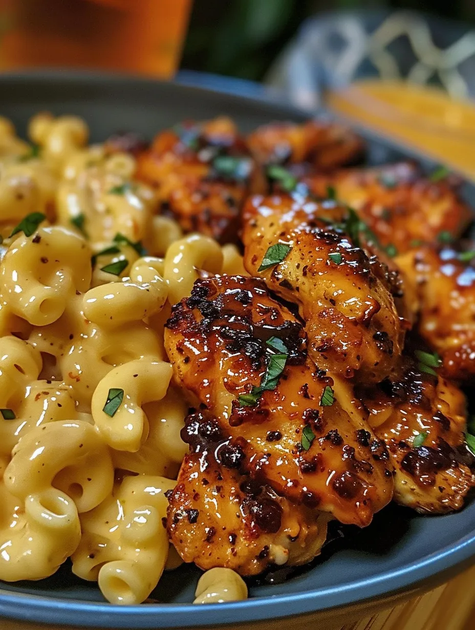 Une assiette de poulet épicé au miel avec macaroni au fromage.