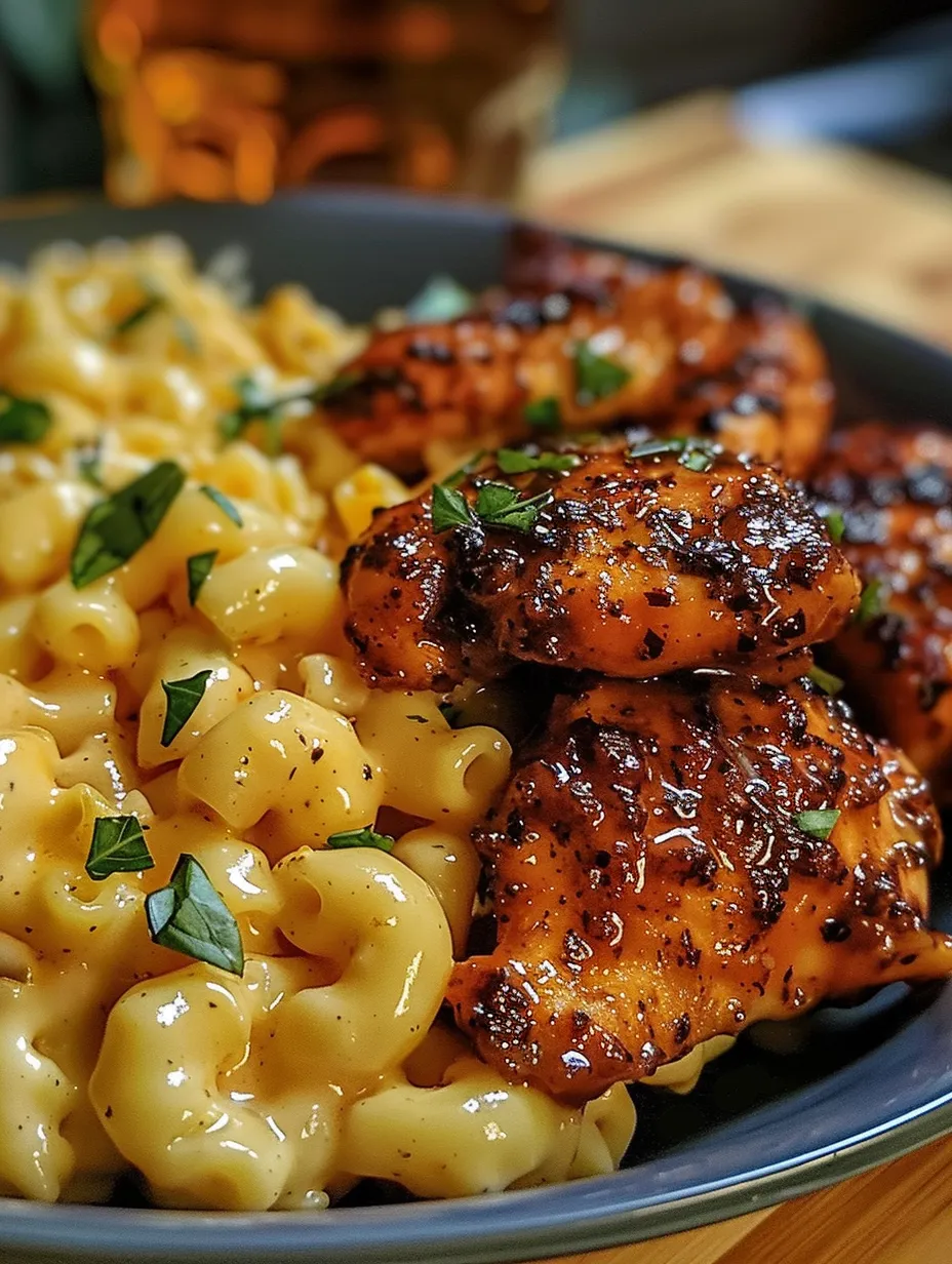 Une assiette de poulet épicé au miel avec macaroni au fromage.