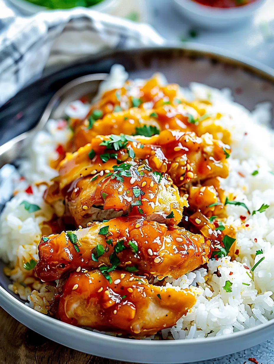 Une assiette de riz avec du poulet et de la sauce.