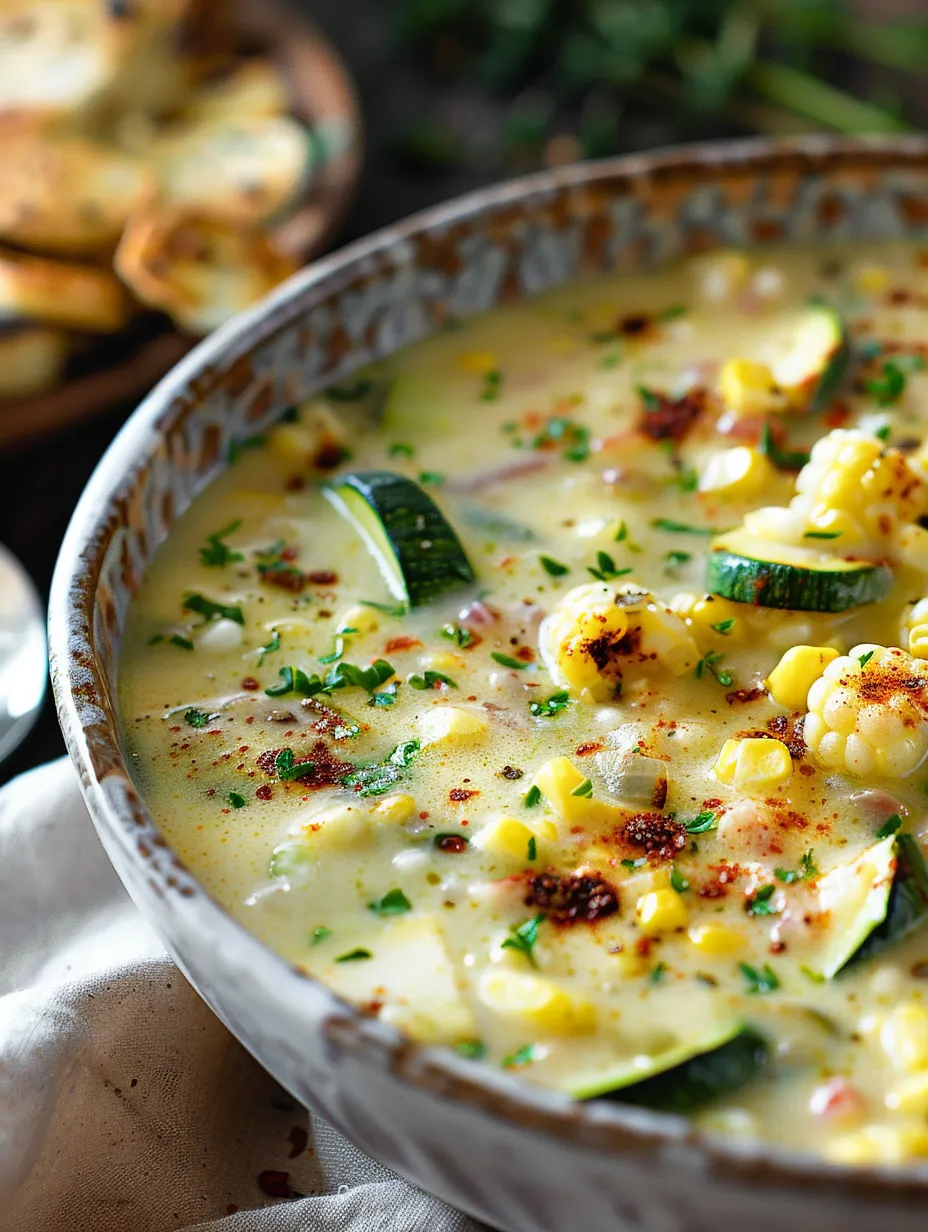 Bol appétissant de soupe au maïs et courgettes.