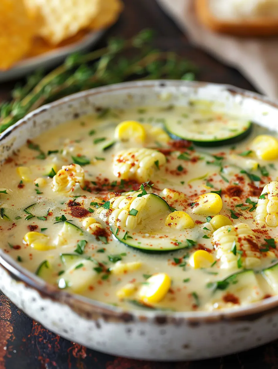 Un bol de soupe crémeuse au maïs et courgettes.
