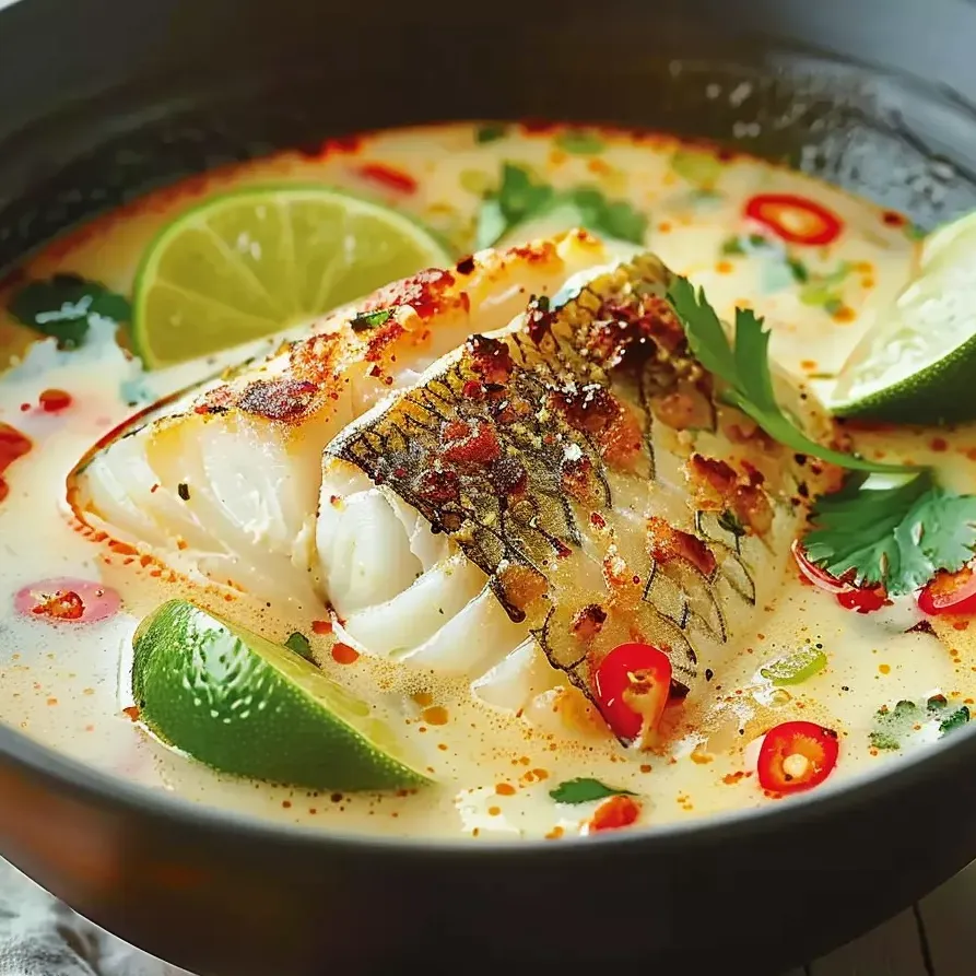 Un bol de soupe avec poisson et citron vert.