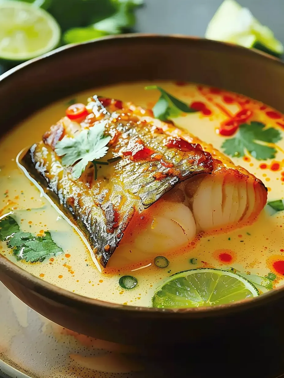 Un bol de soupe au poisson et citron vert.