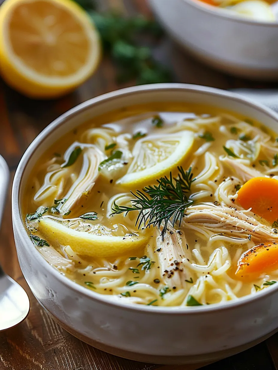 Un bol de soupe avec citron et herbes.