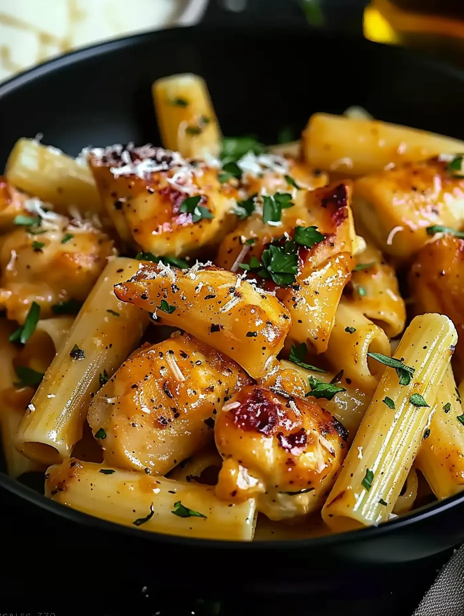 Un bol de poulet au beurre à l'ail avec rigatoni et parmesan.