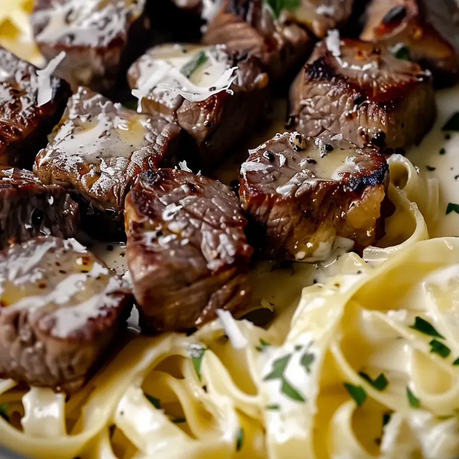 Une assiette de bouchées de steak au beurre d'ail et pâtes crémeuses au parmesan.