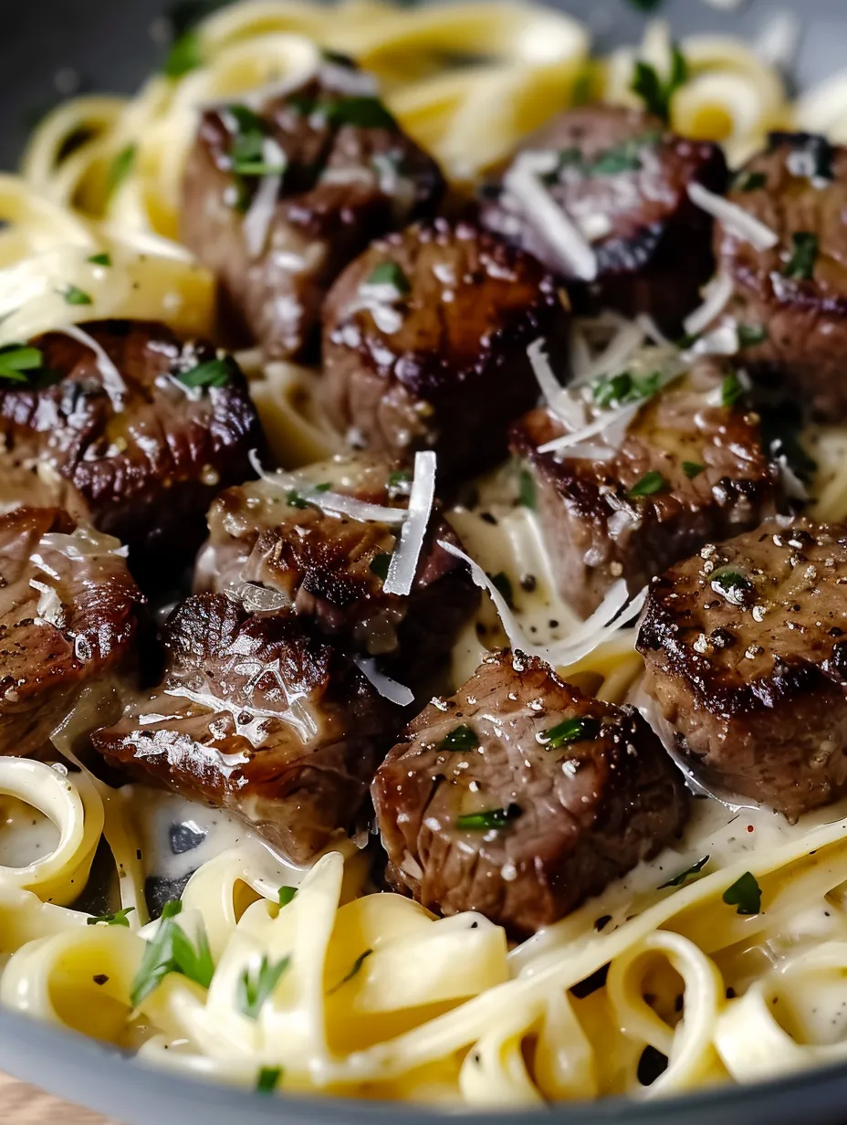 Une assiette de bouchées de bœuf au beurre à l'ail avec pâtes crémeuses au parmesan.