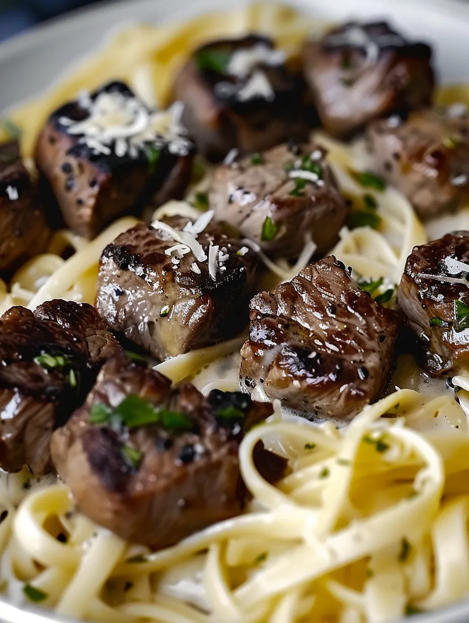 Bouchées de bœuf au beurre à l'ail avec pâtes crémeuses au parmesan.