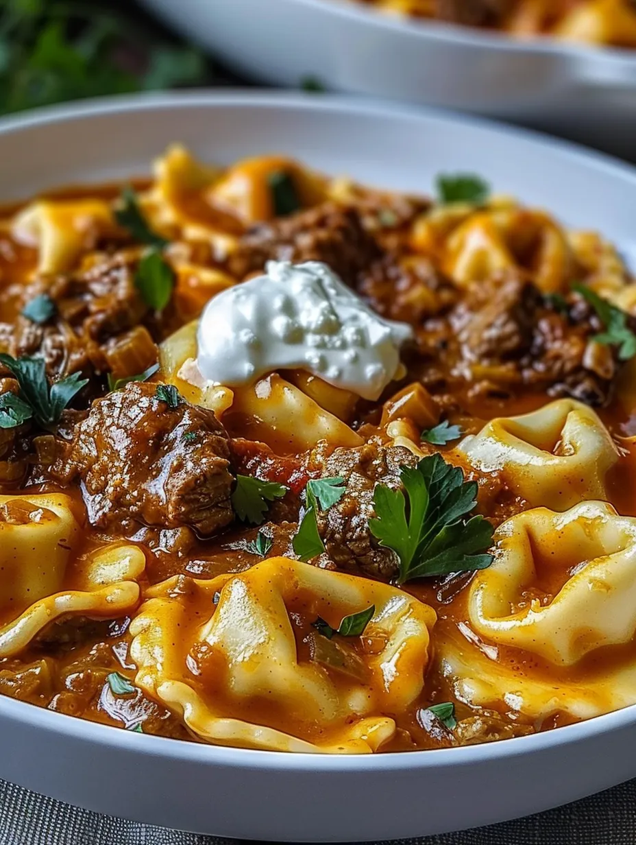 Un bol de tortellini au bœuf et fromage façon enchilada.