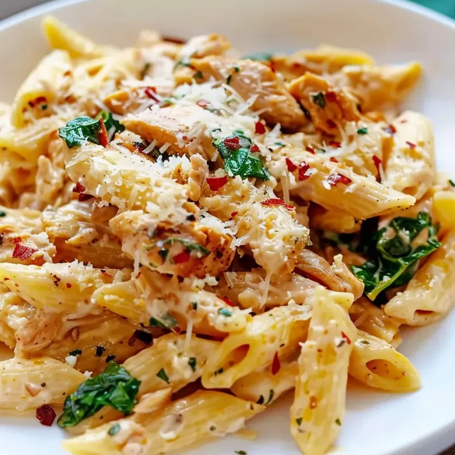 Une assiette de pâtes avec poulet et fromage blanc.