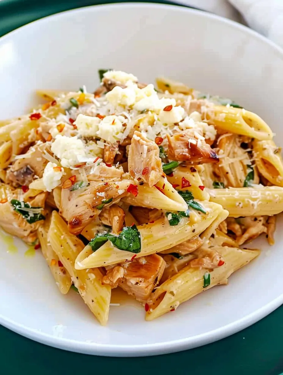 Une assiette de pâtes au poulet toscan avec fromage cottage.
