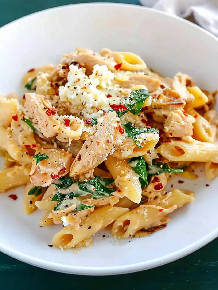 Un bol de pâtes avec poulet et fromage cottage.
