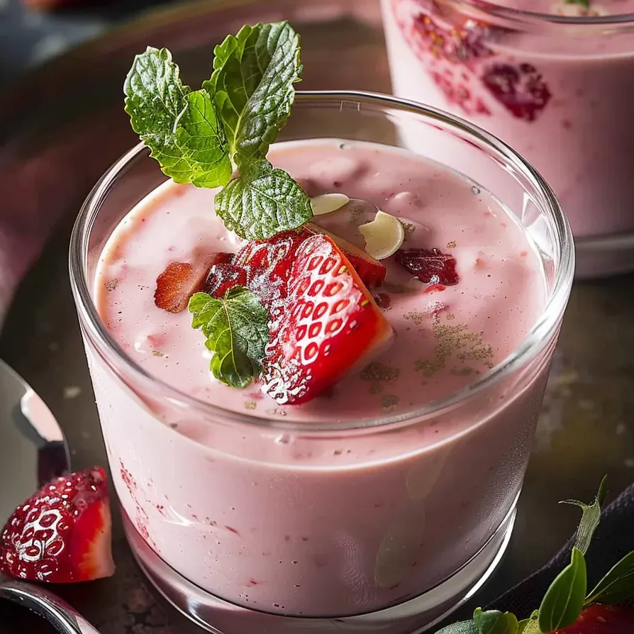 Un verre de soupe froide au yaourt et aux fraises.
