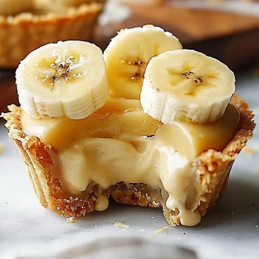 Un gros plan d'une tartelette à la banane avec des tranches de banane sur le dessus.