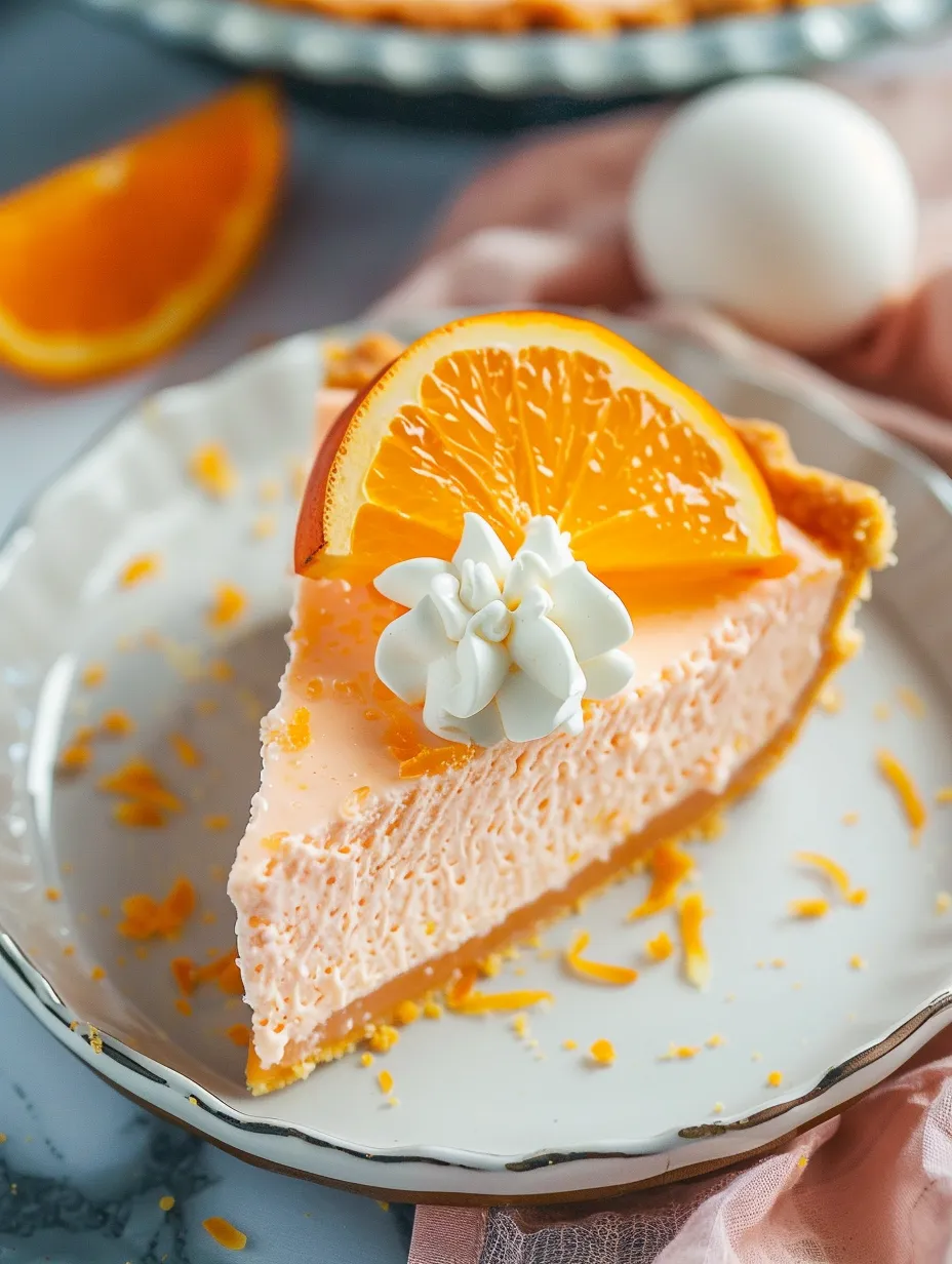 Une part de Tarte Crémeuse à l'Orange avec une garniture de crème fouettée blanche.