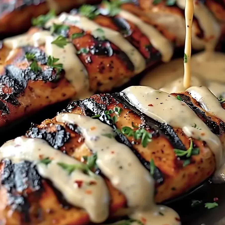 Poulet grillé avec sauce blanche.