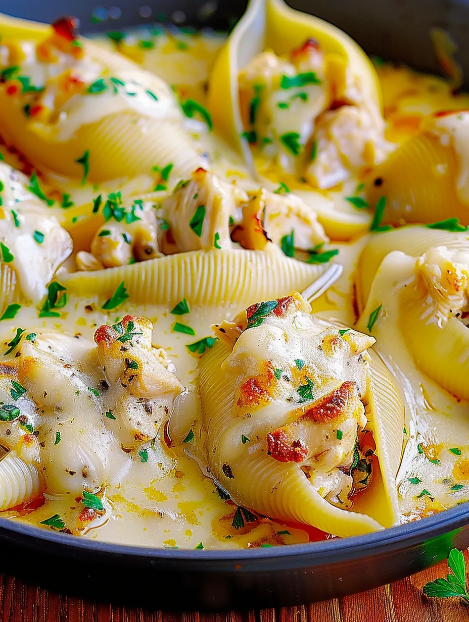 Un plat de coquilles farcies au poulet Alfredo au beurre d'ail.
