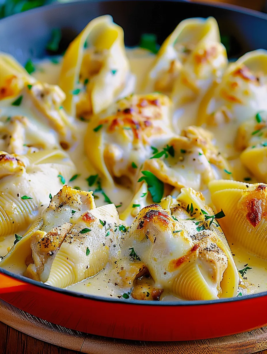 Une assiette de coquilles farcies au poulet Alfredo au beurre d'ail.
