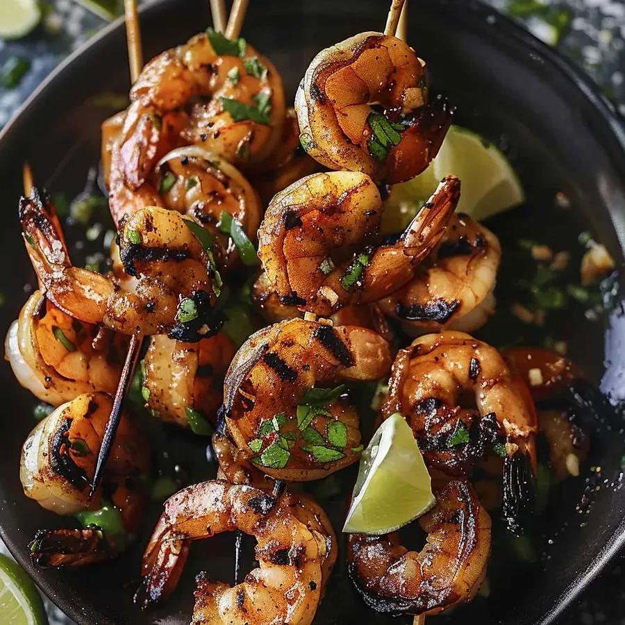 Une assiette de brochettes de crevettes grillées avec des citrons verts.