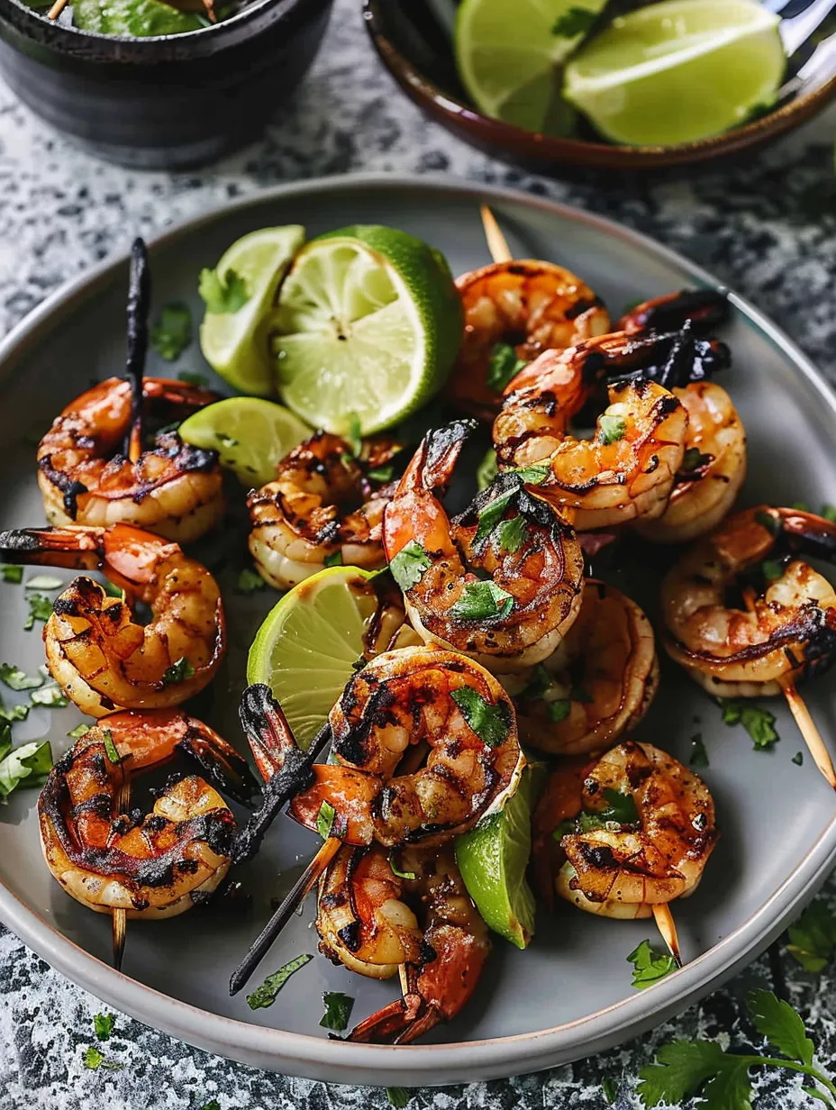 Une assiette de brochettes de crevettes avec des quartiers de citron vert.