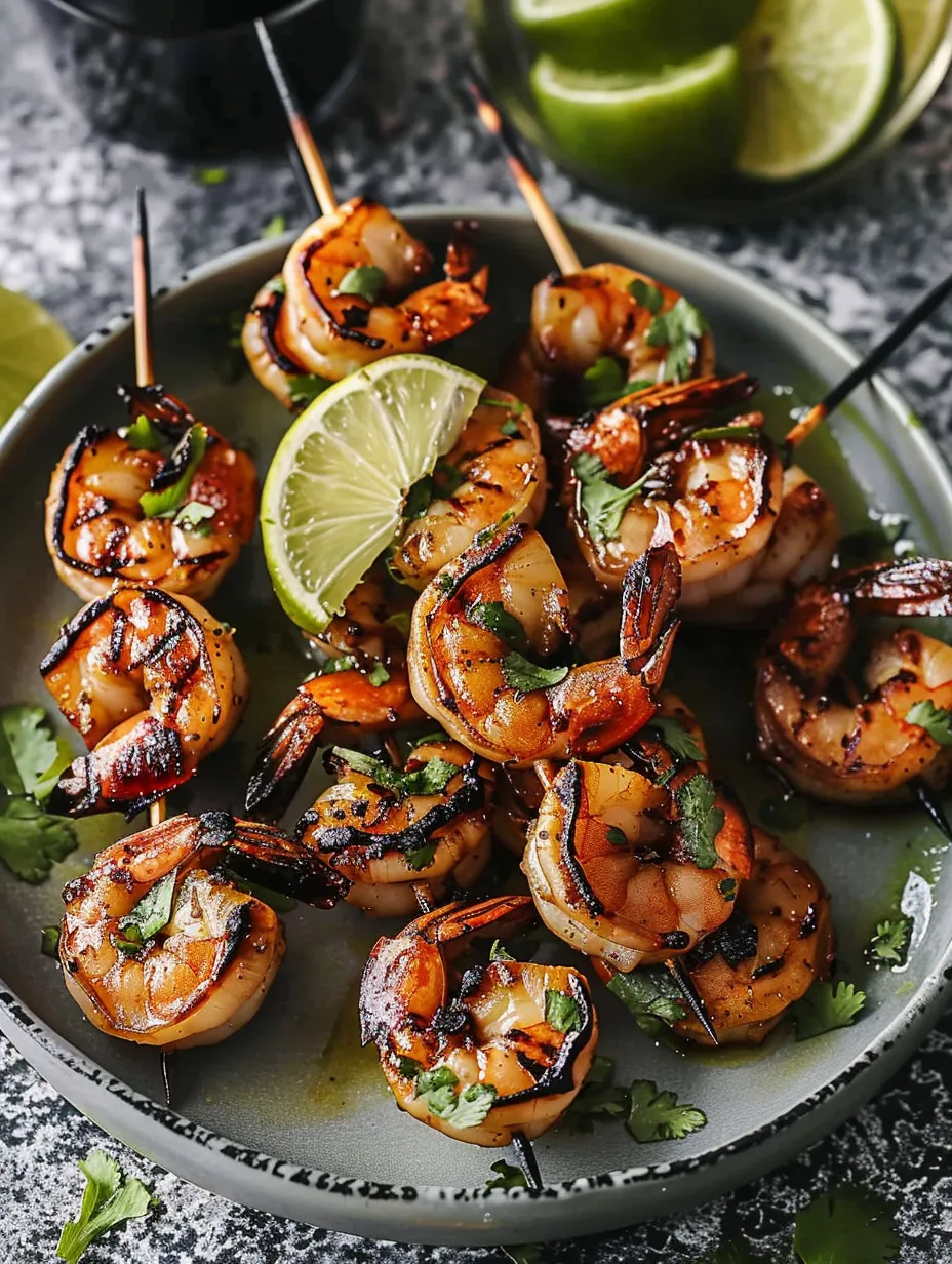 Une assiette de brochettes de crevettes grillées avec des citrons verts.