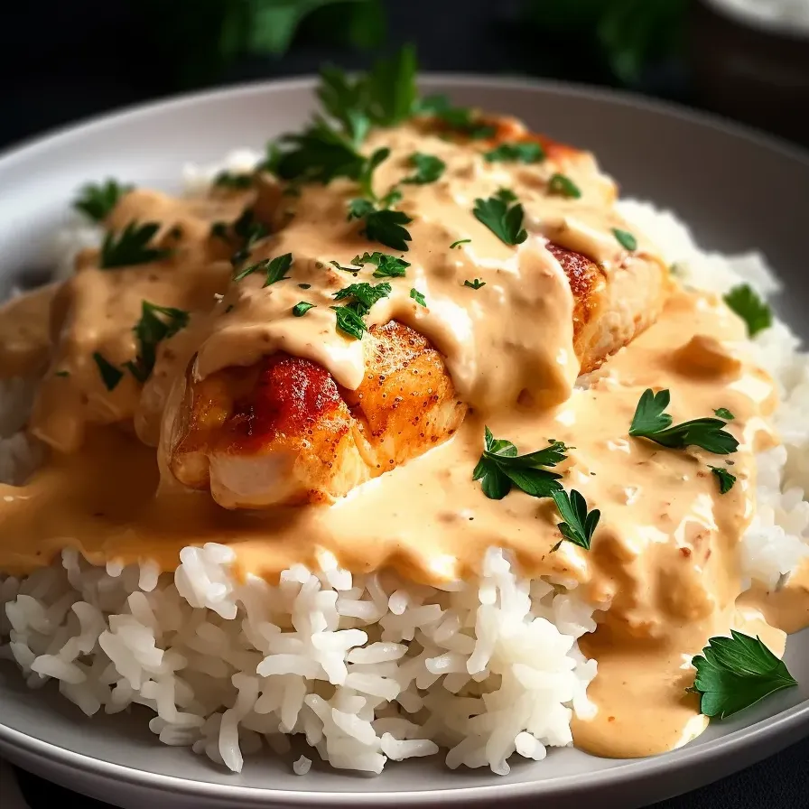 Une assiette de riz et poulet nappés de sauce crémeuse.
