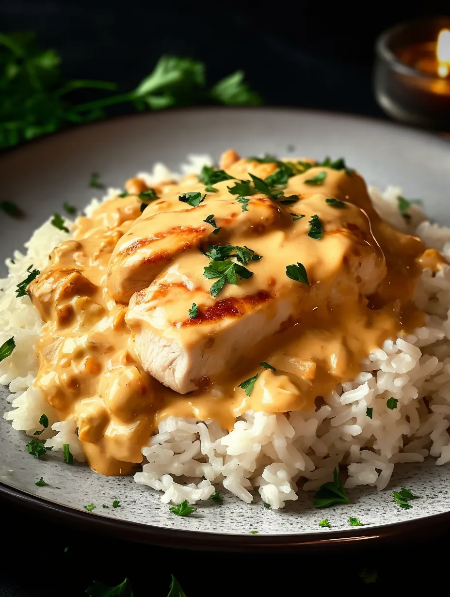 Une assiette de poulet crémeux nappé et son riz.