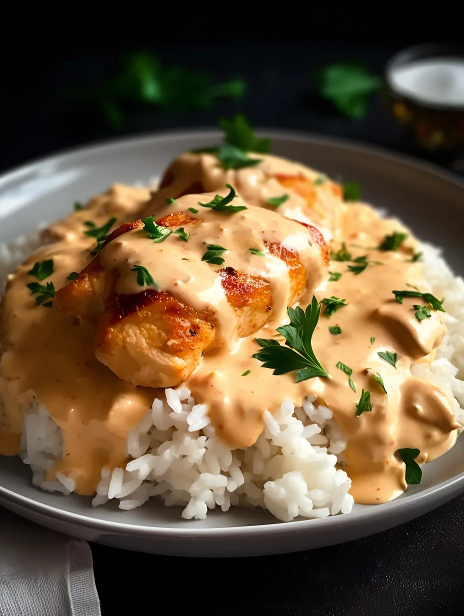 Une assiette de riz avec poulet et sauce crémeuse.