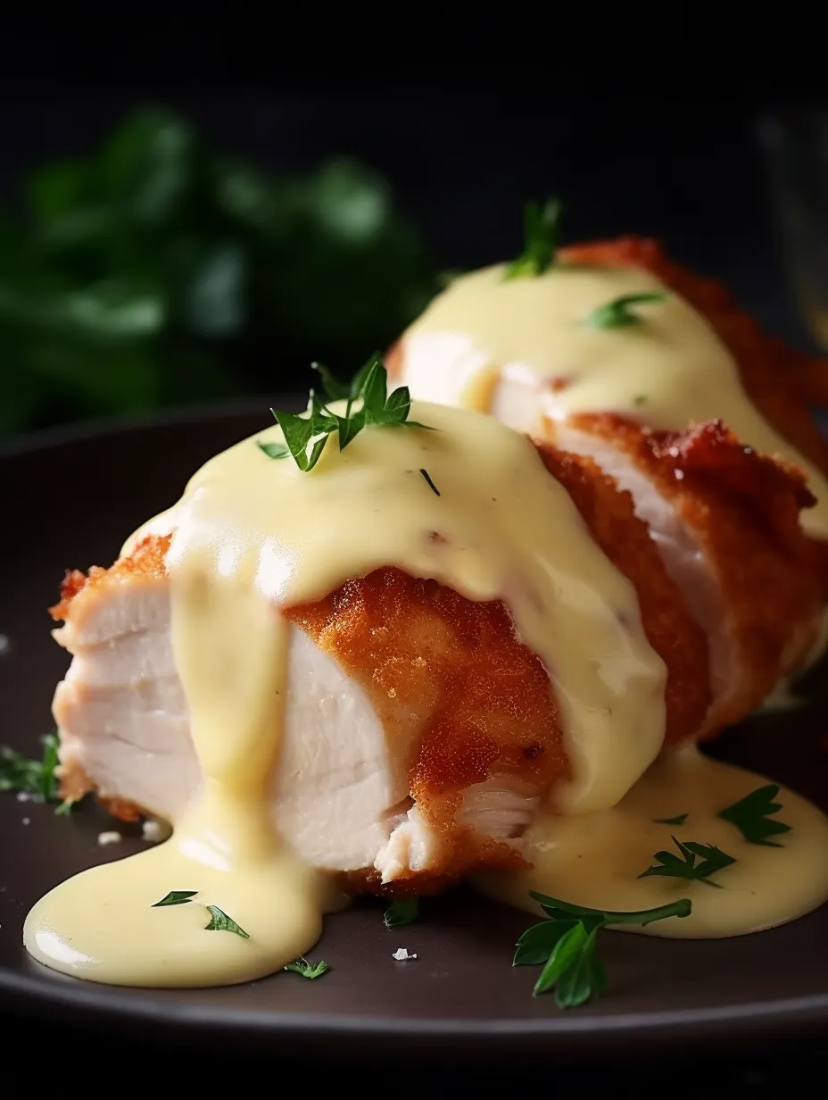 Cordon bleu au poulet avec sauce au fromage suisse.