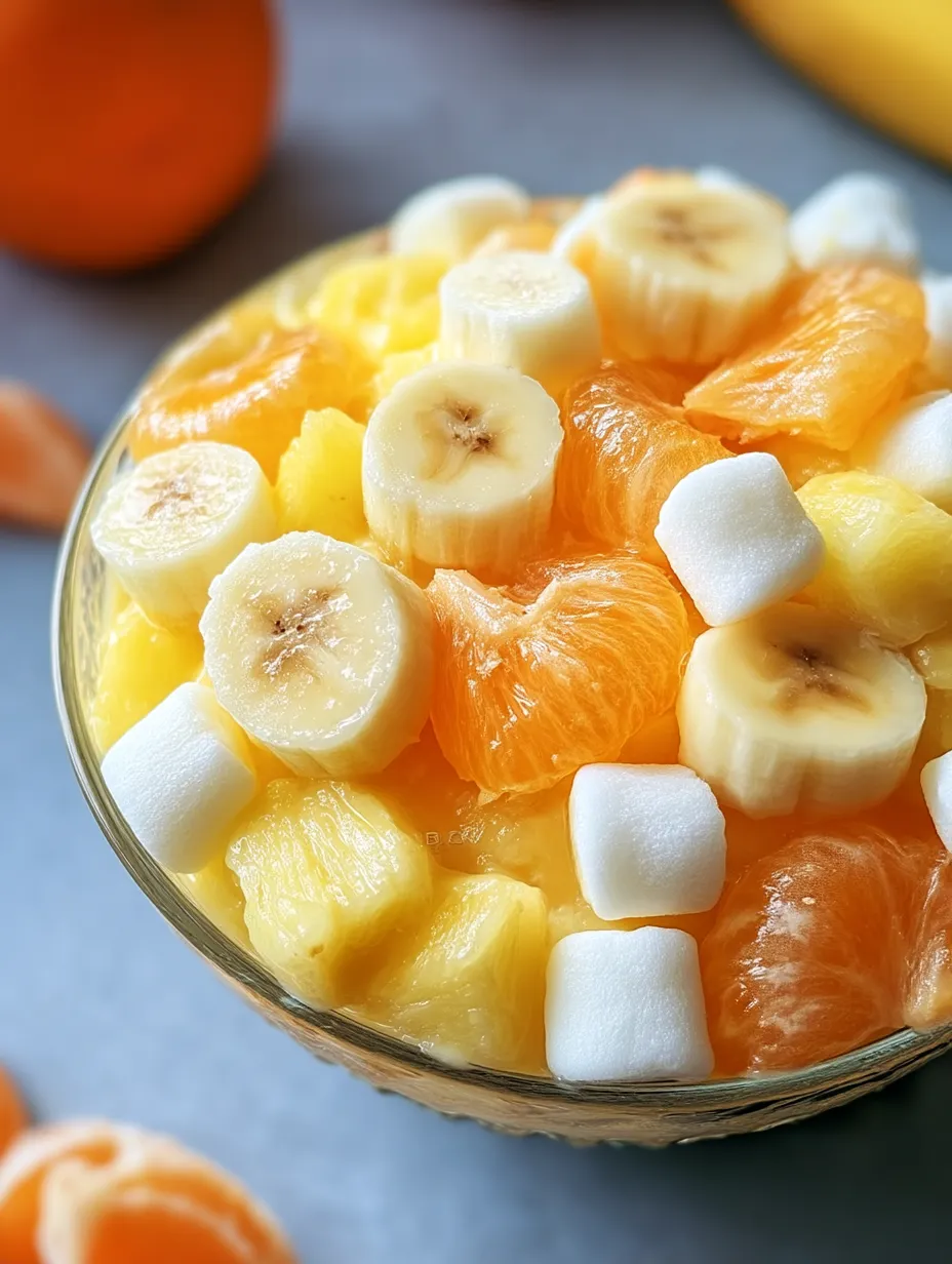 Un bol de fruits avec bananes, oranges et guimauves.