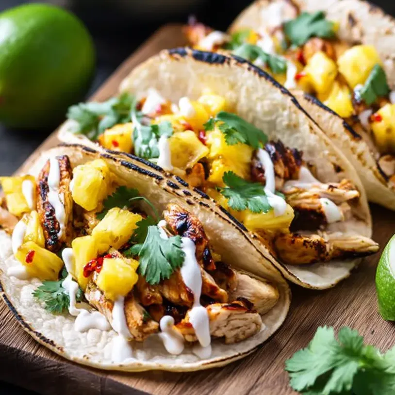 Trois tacos avec garnitures d'ananas et de poulet.