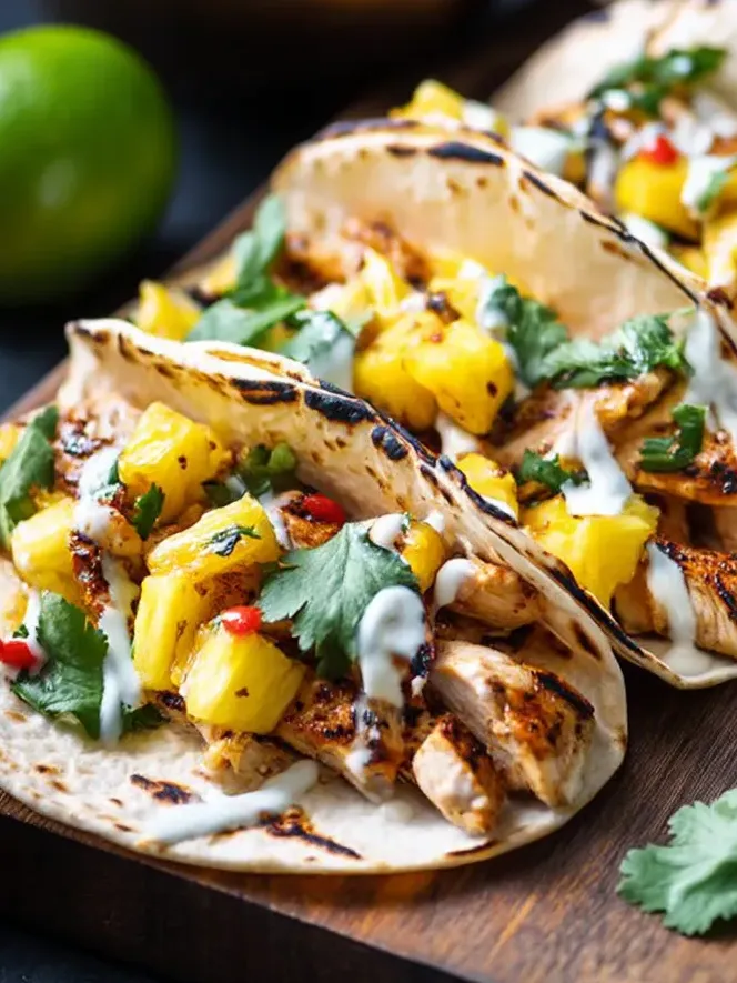 Tacos au poulet ananas et chipotle sur une table en bois.