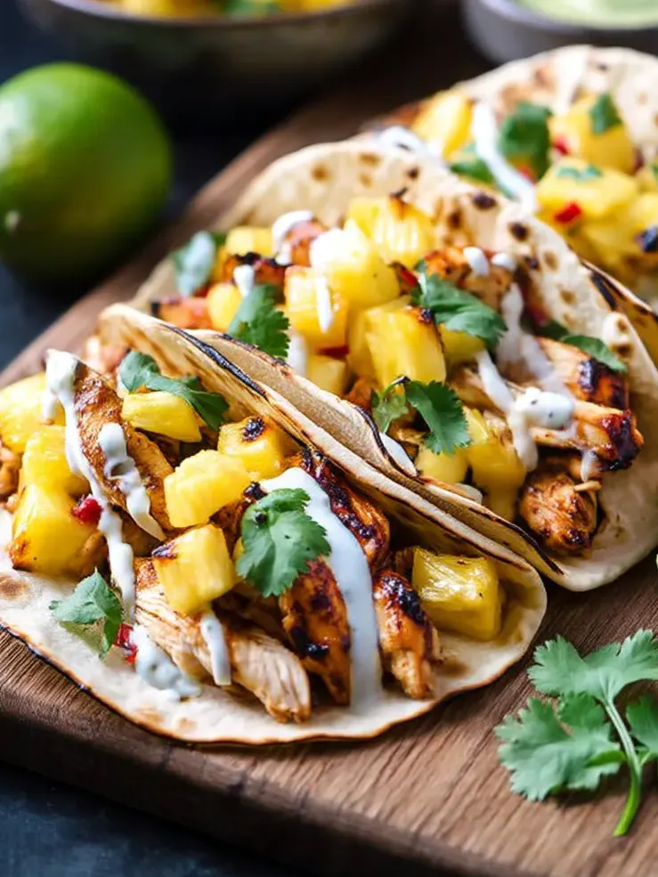 Tacos au poulet ananas et chipotle sur une planche en bois.