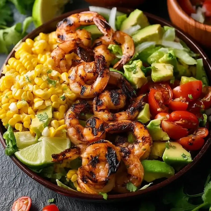 Un bol de salade mexicaine aux crevettes grillées, maïs et avocat.