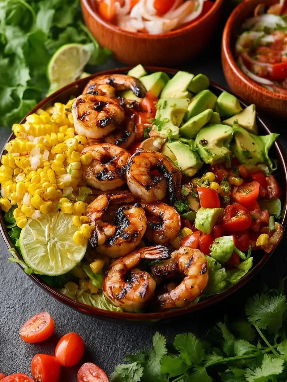 Un bol de crevettes mexicaines grillées, maïs et avocat.