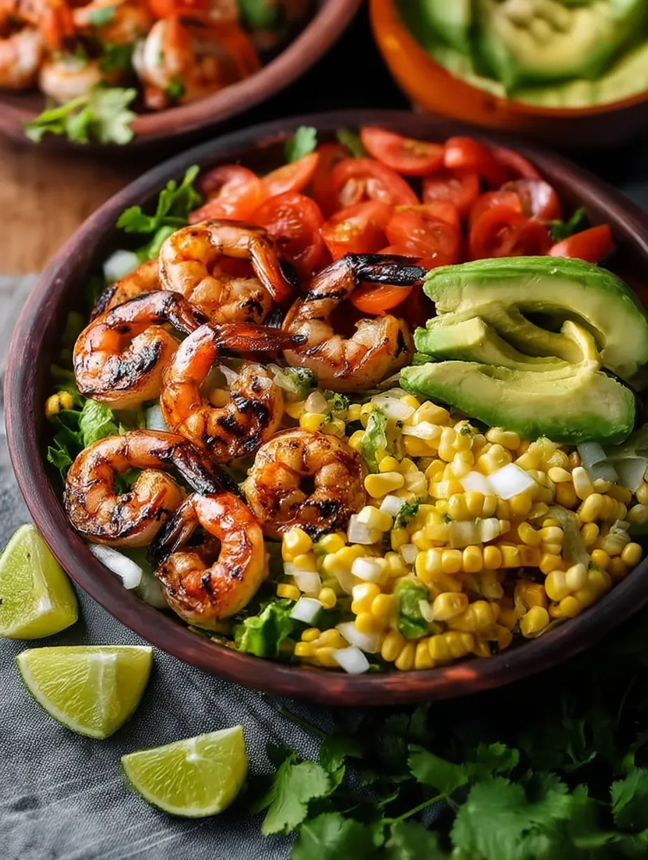 Un bol de salade mexicaine aux crevettes grillées, maïs et avocat.