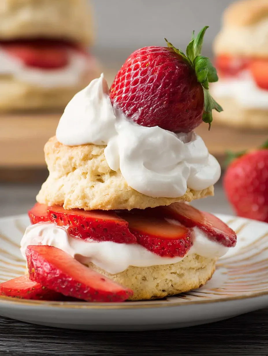 Une pile de shortcake aux fraises avec de la crème.