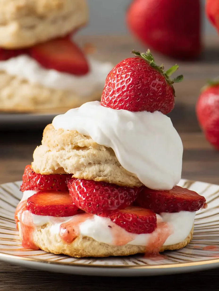 Une pile de shortcake aux fraises avec crème fouettée.
