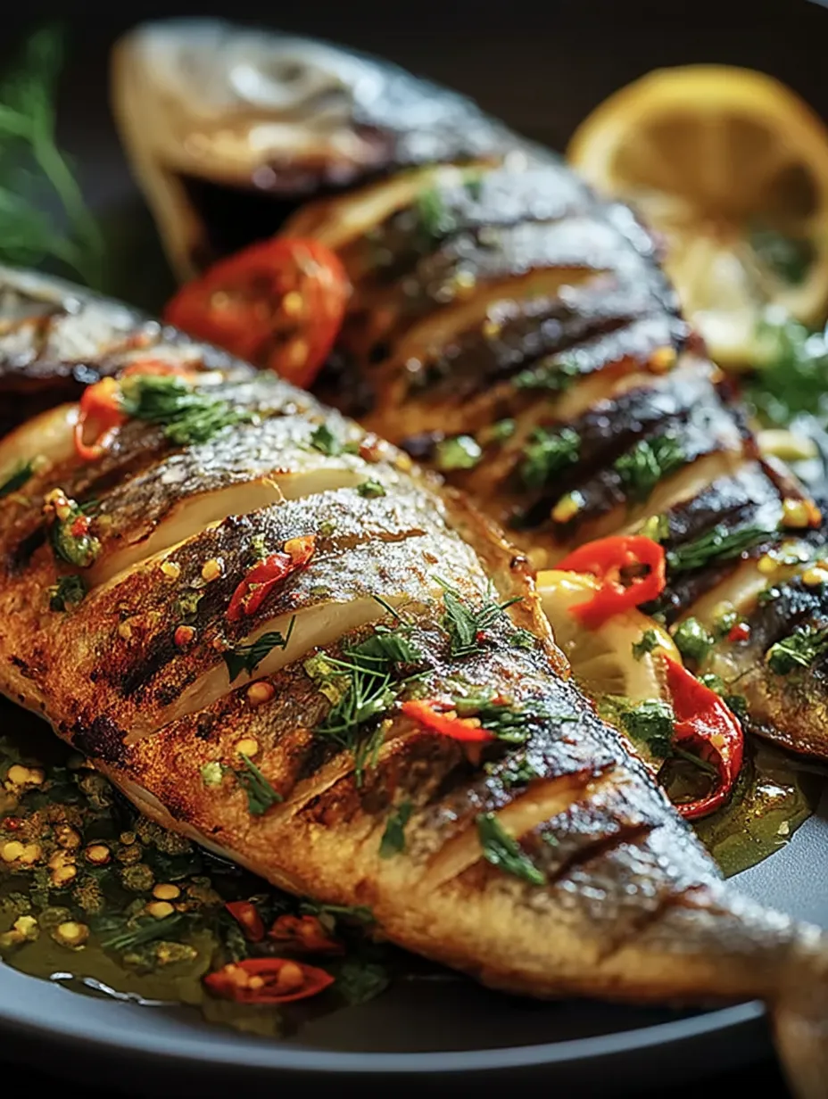 Poisson grillé avec tomates et poivrons.